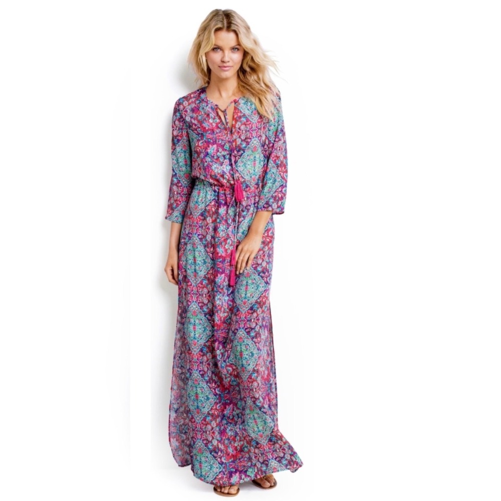 Seafolly Casablanca Tapestry Kaftan Women Small Berry Boho Silk Blend Maxi Dress
